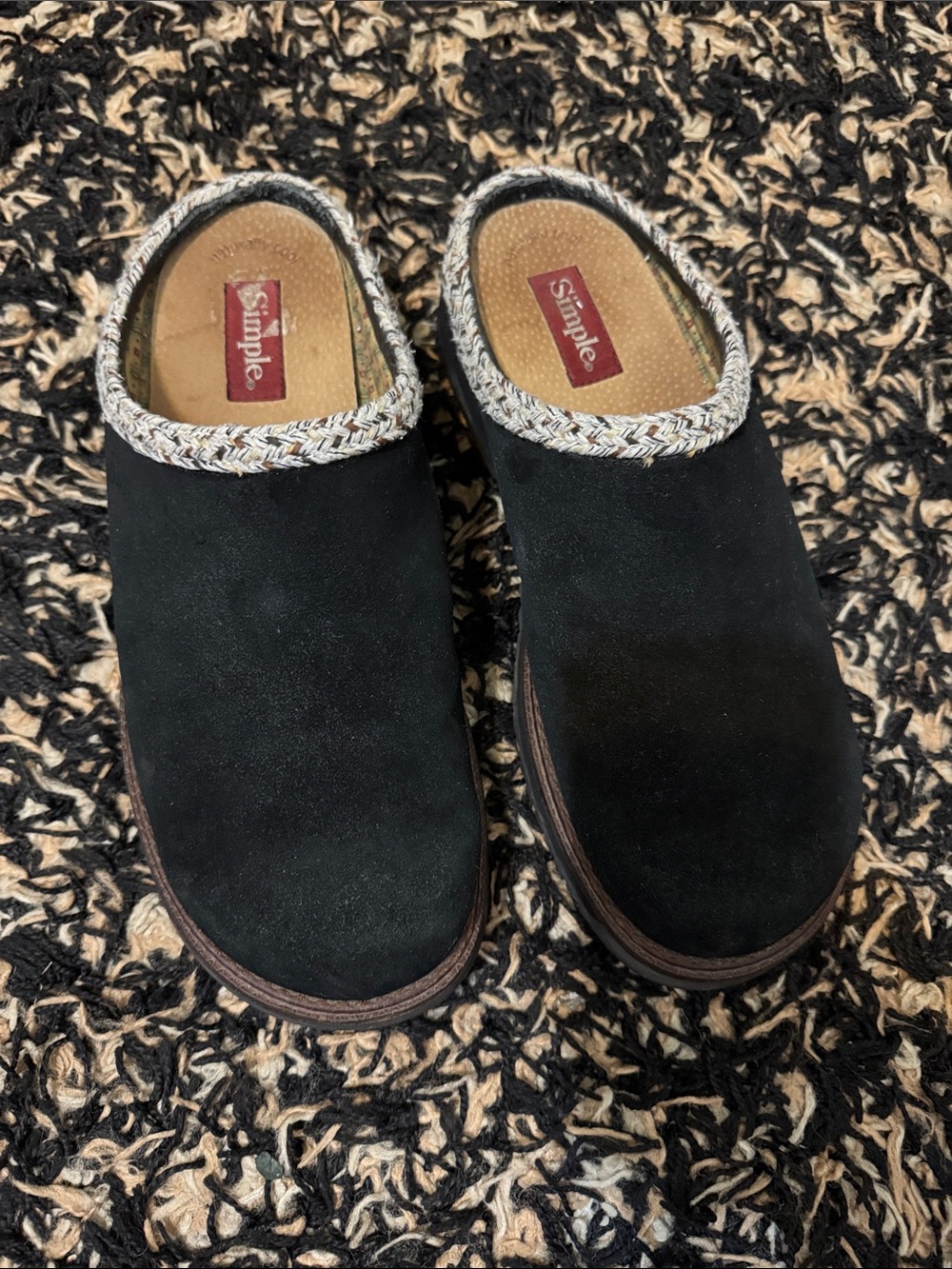 Simple Black Suede Slip-On Clog with Braided Collar
